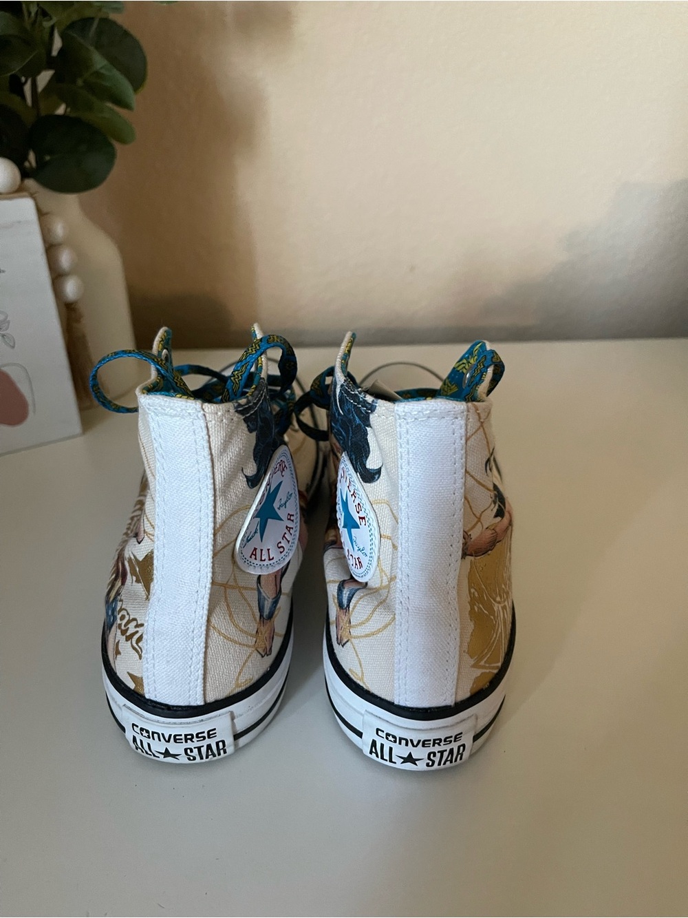 Converse Wonder Woman High Top Sneakers — White with Blue & Gold Accents 8 - Picture 4 of 12